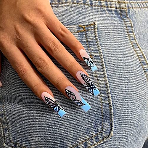 Votacos Press On Nails Long Coffin Fake Nails Blue False Nails With Butterfly Design Matte Stick On Nails For Women #TOP1