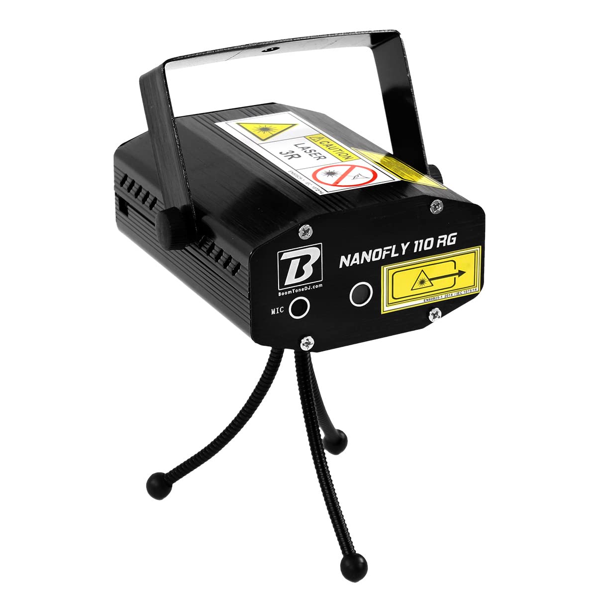 BoomTone DJ LZR d'animation multi-points NANOFLY 110 RG rouge et vert. Stroboscope. Programmes automatiques. Détection musicale. Eclairage soirée, Disco mobile. Eclairage DJ. Trépied inclus.