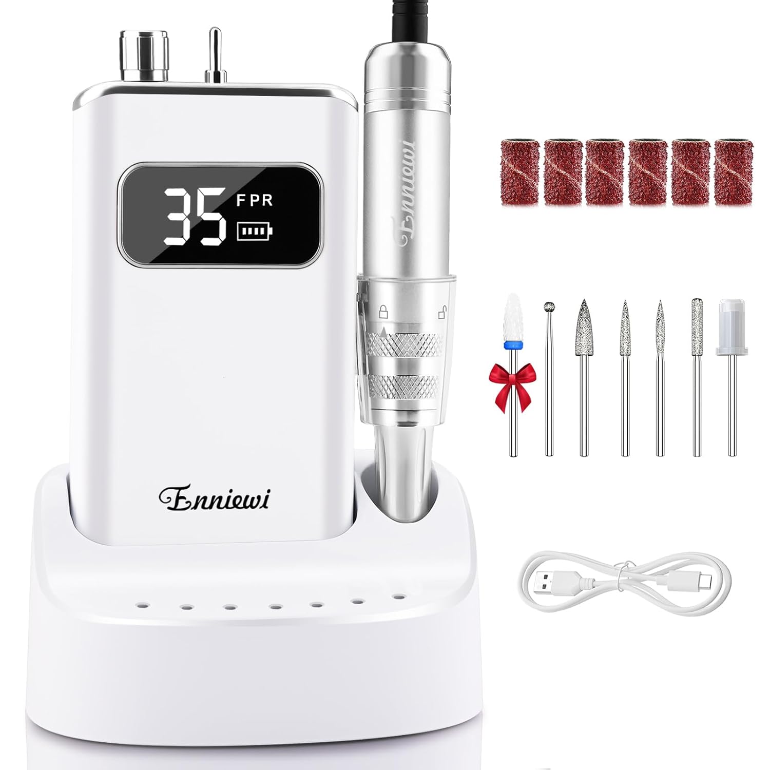 Electric Nail Drill File, Professional Portable Nails Drills Kit with Rechargeable Base 7 uñas Bits, Cordless Efile for Poly Gel Acrylic Nails Remover Home Salon Pedicure Manicure Tool, White Electric Nail Drill File, Professional Portable Nails Drills Kit with Rechargeable Base 7 uñas Bits, Cordless Efile for Poly Gel Acrylic Nails Remover Home Salon Pedicure Manicure Tool, White