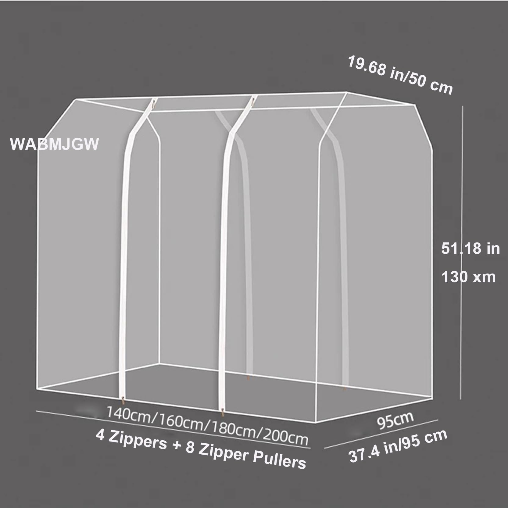Große Kleiderständer Abdeckung mit 4 Reißverschlüssen, zusätzliche Breite 95 cm, Länge 140–180 cm, for X-förmige Kleiderstange, staubdicht, transparente PEVA(Clear,200x95x130cm)