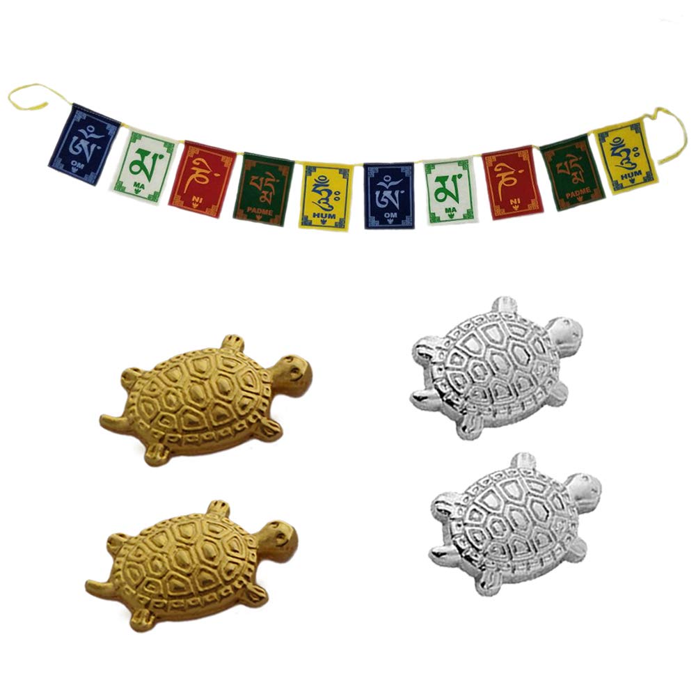 Divya Mantra Japanese Lucky Charm Money Feng Shui Turtles Home Decor 2 Pairs & Tibetan Buddhist Himalayan Nepali Positive Vibes 3 Feet Prayer Flags for Motorbike/Car Hanging Accessories - Multicolor