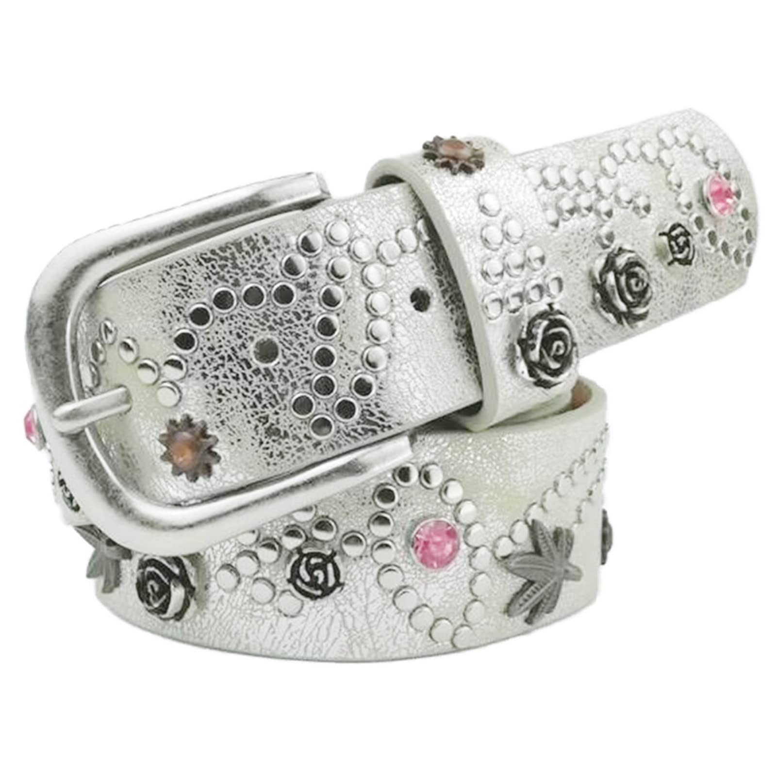 Cinturones De Mujer De Vendimia Remache Hoja De Arce Rhinestone, Vaquera Occidental Bling Tachonado Cinturón De Cuero De Diseño De La Escultura De La Flor