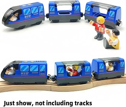 DSHMIXIA Battery Operated Train Set for Wooden Track Toys - Action Locomotive with Magnetic Connection (Blue, Ages 3-5)