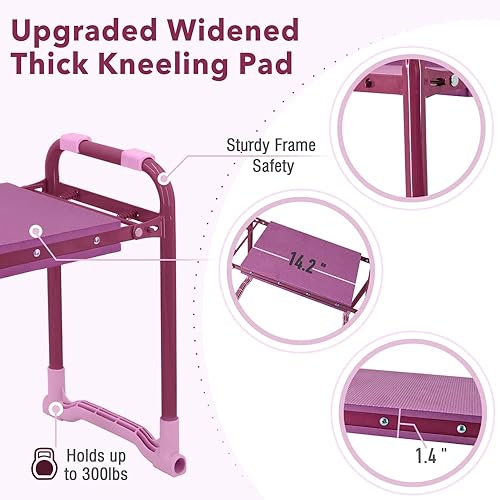 Miniatura 9 de Colwelt Taburete de jardín con marco de acero resistente y resistente, asiento de jardín y banco de rodillas con bolsa de herramientas, almohadilla