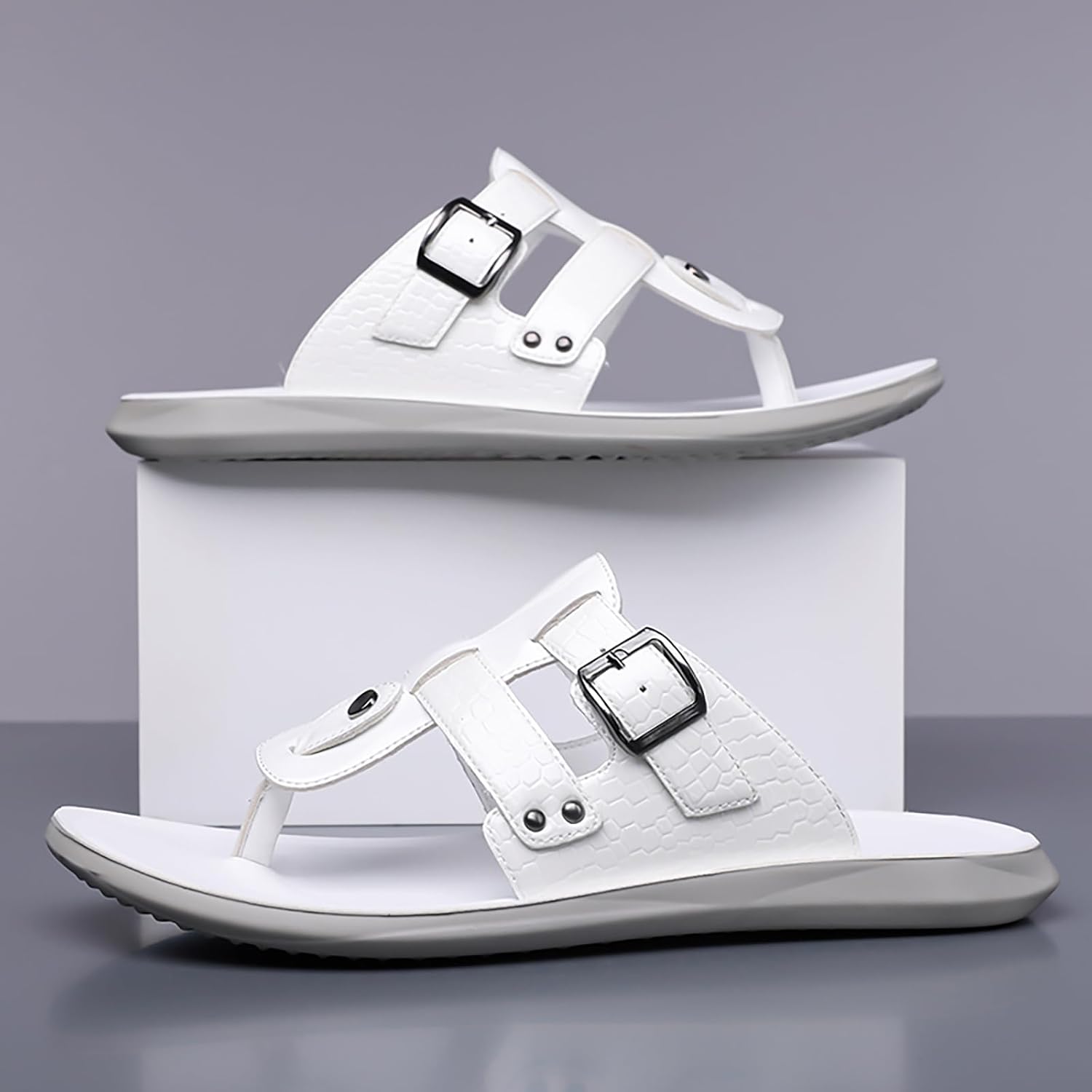 Men‘s Leather Flat Open toe Slippers with Buckle Comfortable Lightweight Slip-on Non-Slip Outdoor Sandals Mules for Casual Beach Home