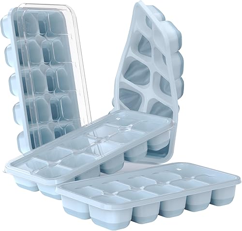 Miniatura 8 de DOQAUS Bandejas para cubitos de hielo, paquete de 4, bandejas flexibles de silicona de fácil liberación y 14 cubitos de hielo con tapa extraíble