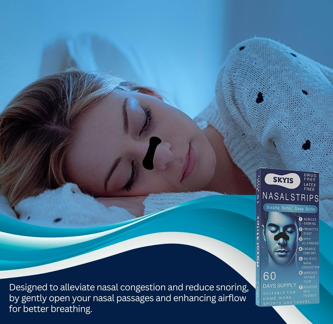 Skyis Tiras nasales para respirar, paquete de 60 tiras para dormir, para deportes, dormir, oficina