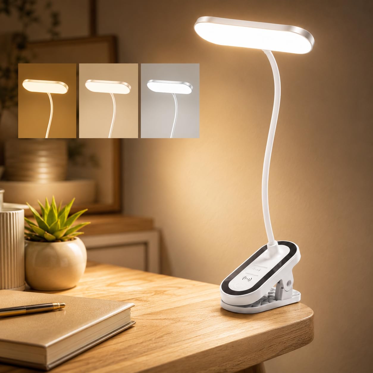 One94Store FlexiBeam Design Rechargeable LED Clip Lamp | Wide Beam Flexible Desk & Bedside Light | USB Powered Study & Reading Lamp with Clamp Base | White