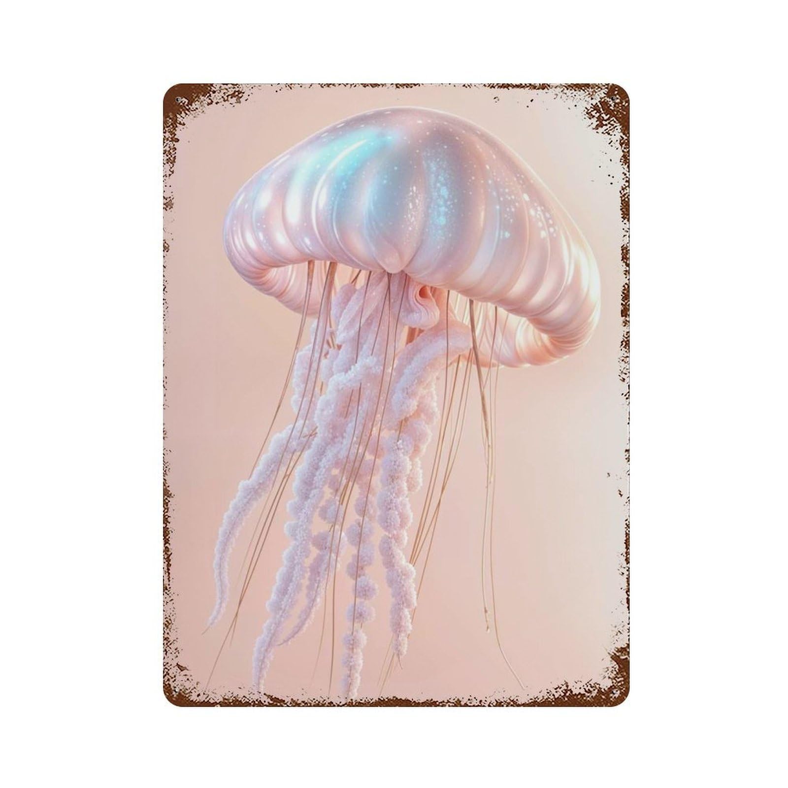 Rust Effect Pink Jellyfish Illustration Weathered Tin Sign 15.7"x11.8", Retro Wall Decor for Garage, Bar And Workshop Decor