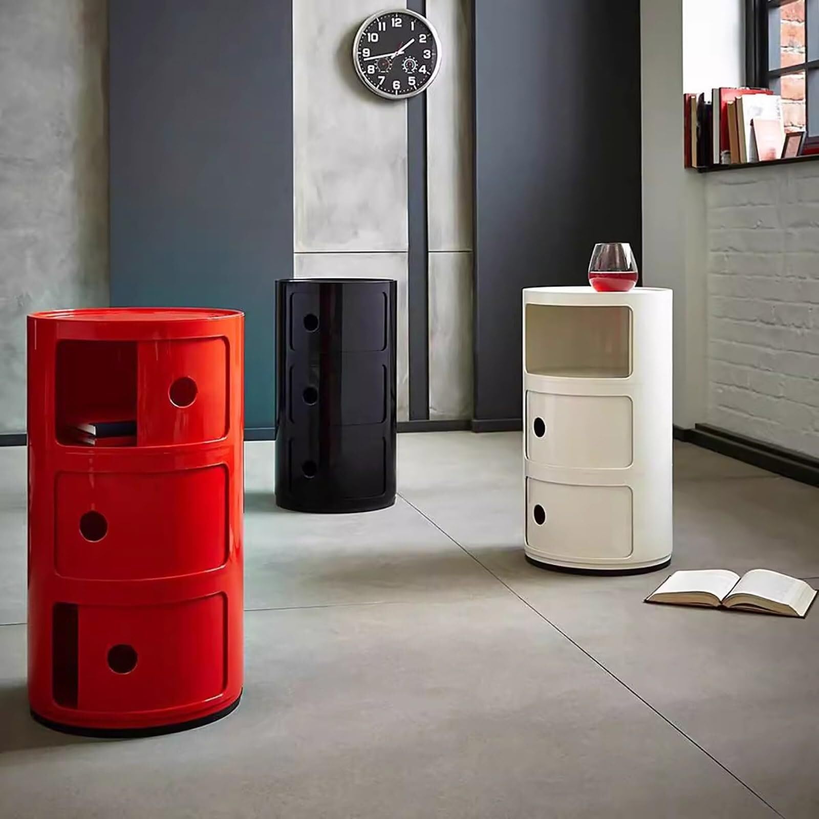 Moderno comodino rotondo con contenitore per camera da letto, soggiorno o bagno, comodino con cassetti e porta scorrevole, tavolino con cassettiera in plastica per organizzazione e stile (rosso, 3