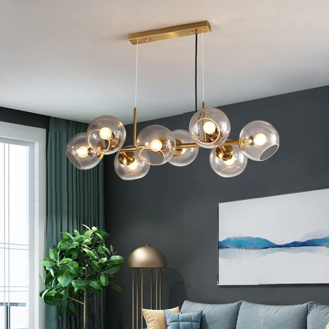 HDC Modern 8-Light Golden Smoke Glass Globe Chandelier | Linear Brass Pendant Fixture | Adjustable Mid-Century Sputnik Lighting for Dining Area & Living Room-image-46
