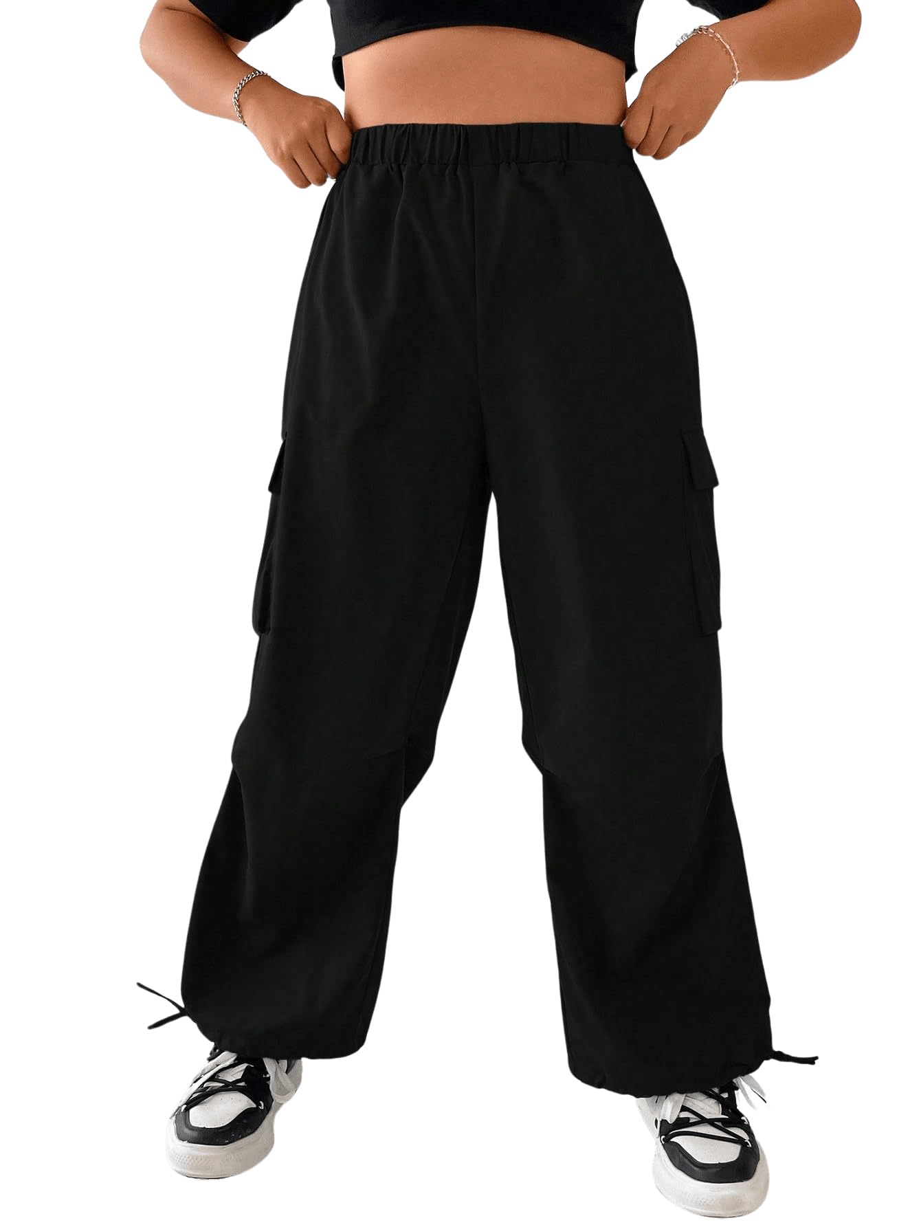 OYOANGLE Women's Plus Size Elastic High Waist Flap Pocket Cargo Pants Streetwear Loose Baggy Trousers with Pocket