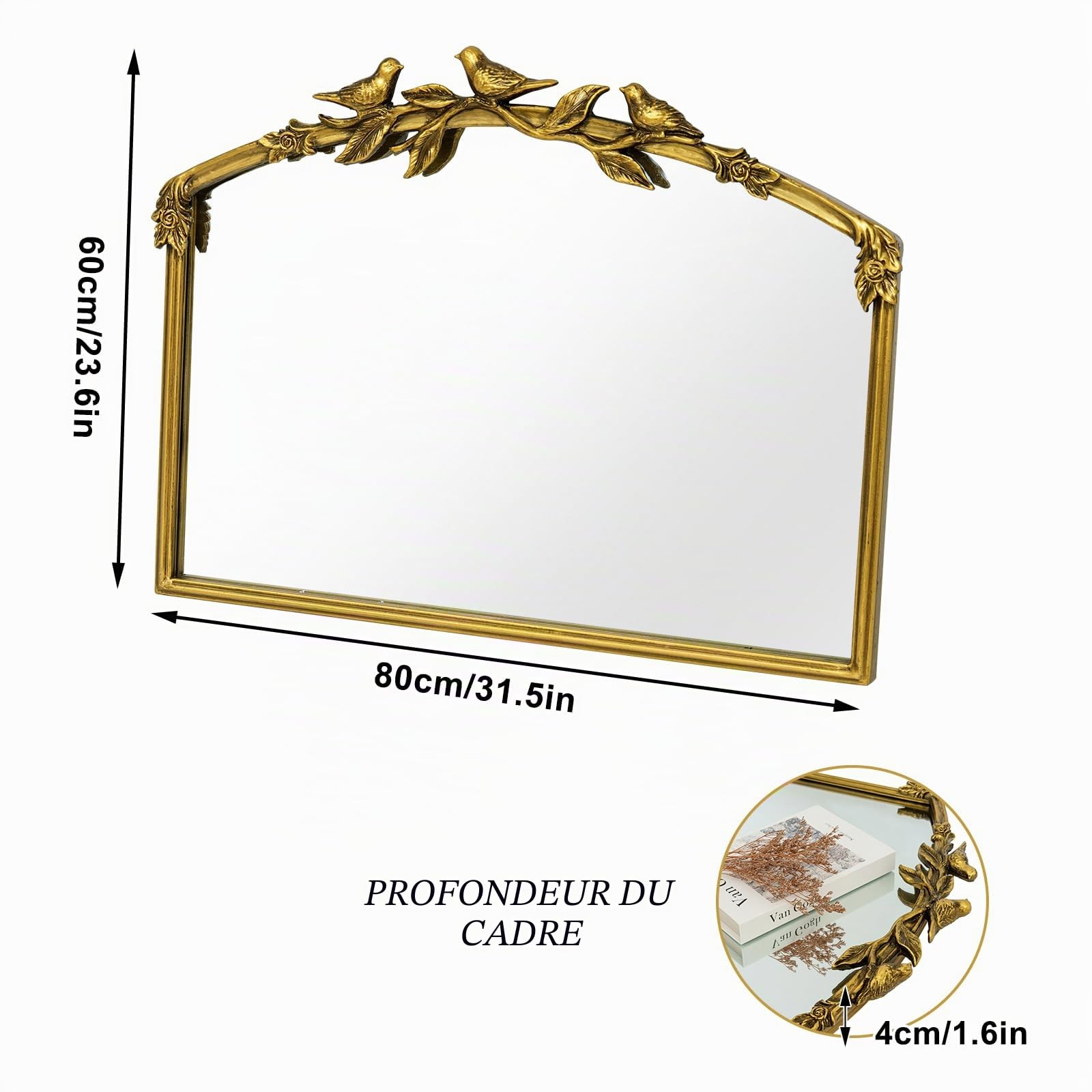 Miroir Baroque doré Antique 80 x 60(H) cm – Cadre Vintage en Fonte avec Fleurs en résine sculptées à la Main, Miroir Mural incassable pour Salle de Bain, Salon et Chambre à Coucher