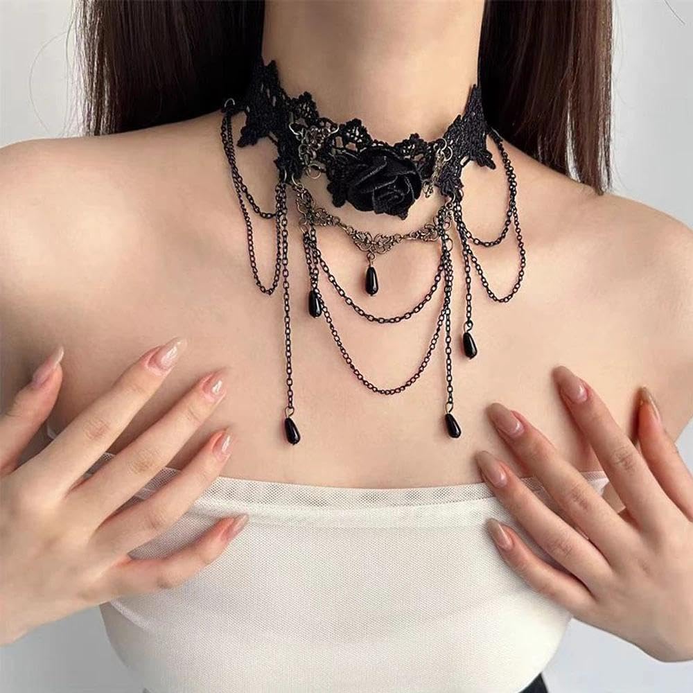 Vintage Black Rose Lace Collarbone Necklace for Women,Exquisite Crystal Tassel Statement Necklace,Halloween Costume Party Jewelry Accessories