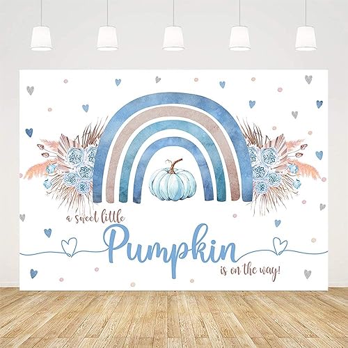 Miniatura 2 de Sendy Telón de fondo bohemio de calabaza azul de 7 x 5 pies para baby shower, otoño, A Little Pumpkin Boy is on The Way, suministros de decoración