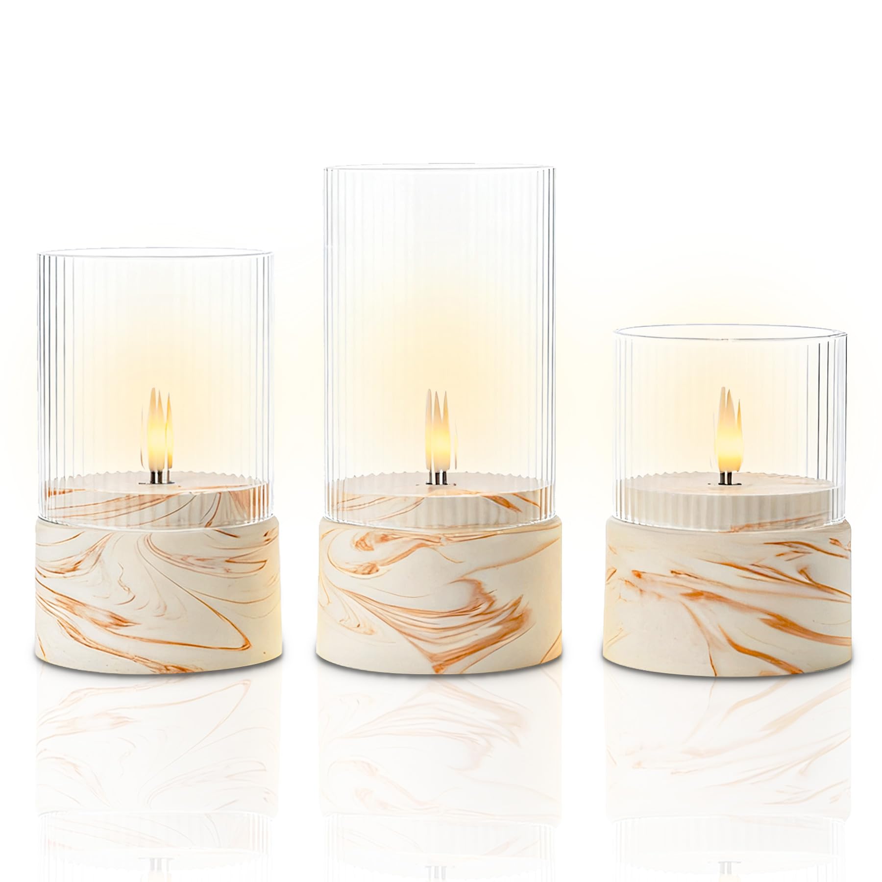 Fanna 3 flammenlose LED-Glaskerze mit Marmor-Optik in Cremeweiß und Braun, Glaswindlichter mit Timer für Weihnachten, Heimdekoration und Innenräume - H 10/12,5/15 cm