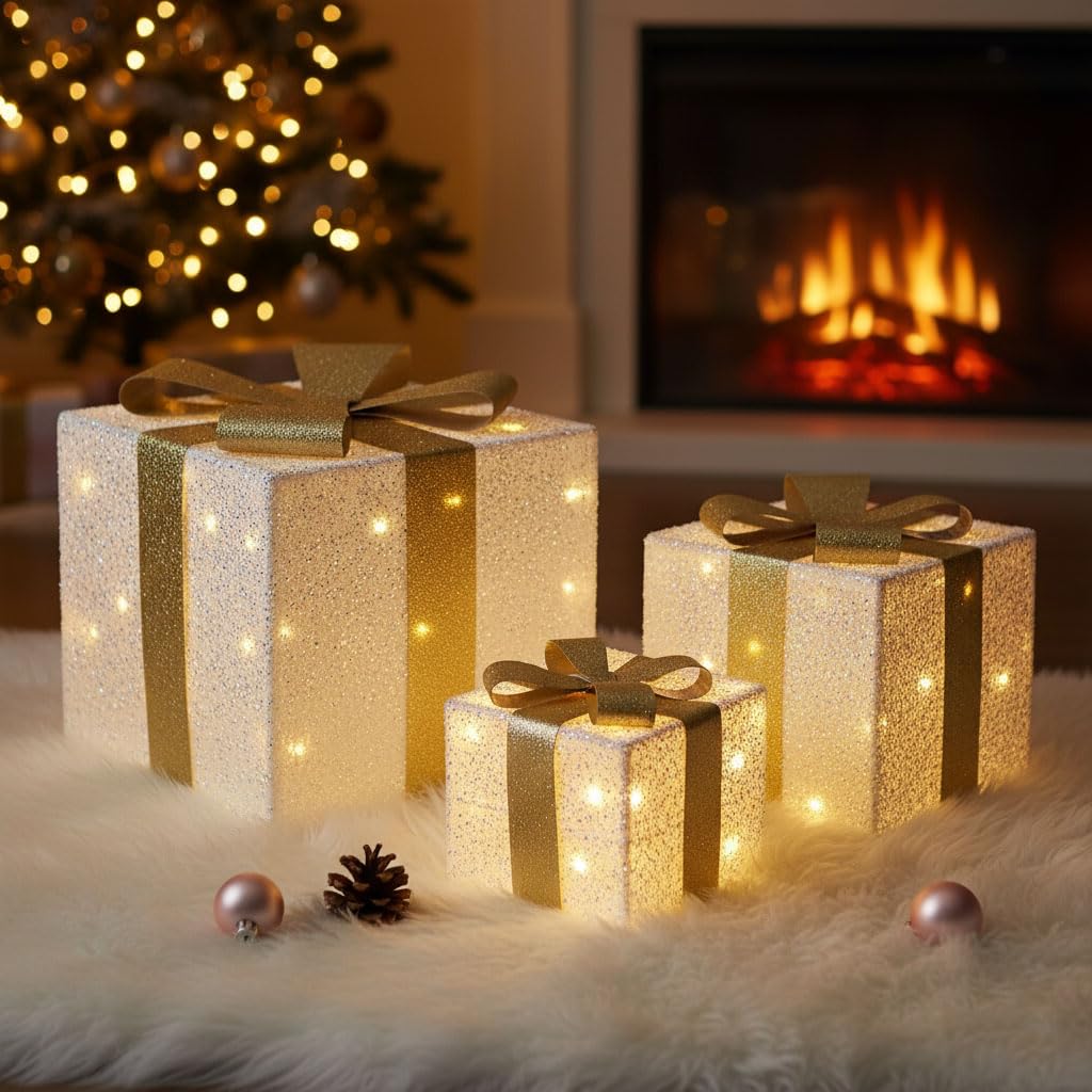 Taylor & Brown Set of 3 Light Up Boxes Gift Parcel Lights Indoor Xmas Decorations for Tree Battery Powered with 50 Warm White LED Lights, White Flash Cloth with Gold Ribbon