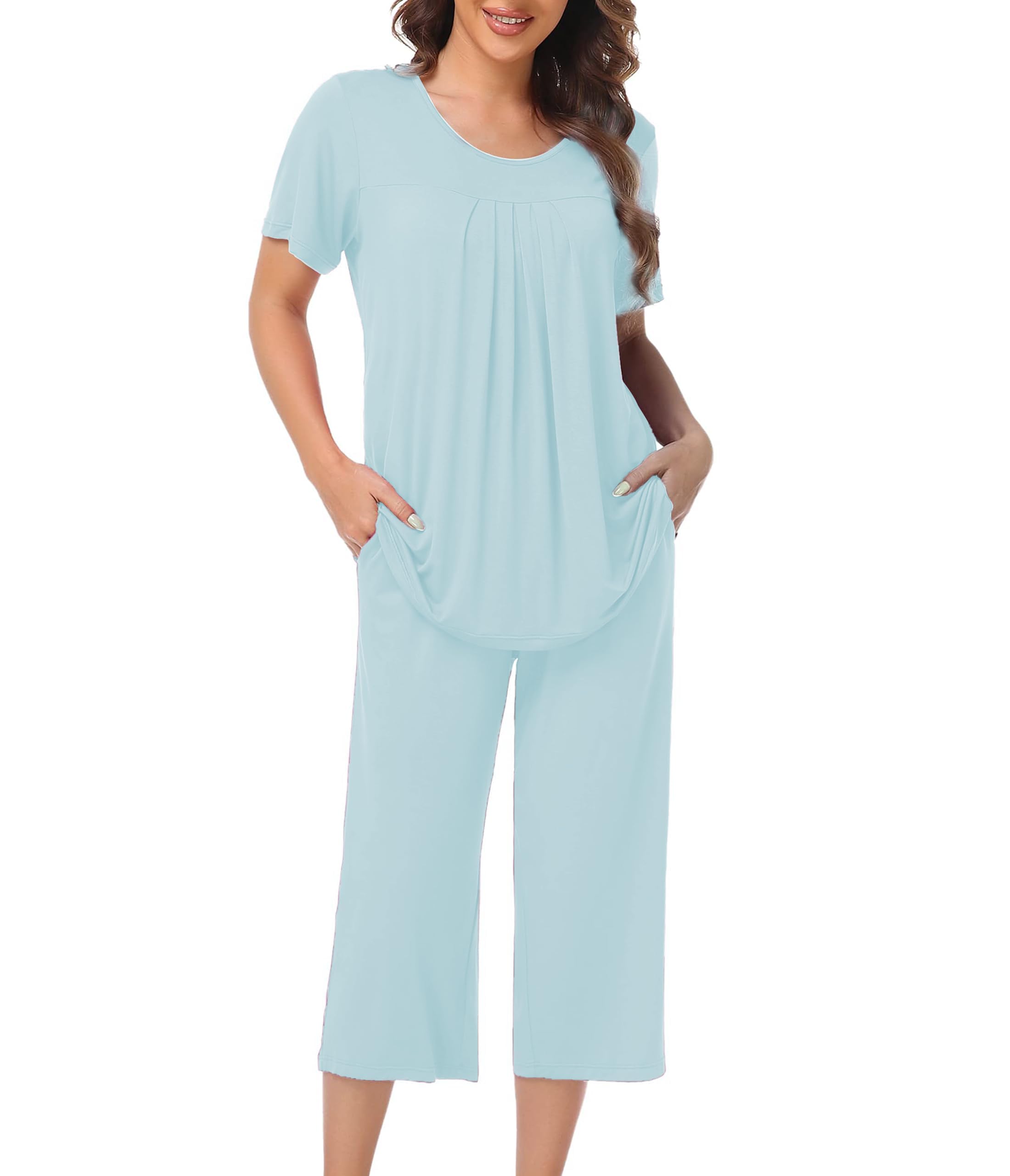 COLORFULLEAF Pyjama d'allaitement pour femme, 2 pièces, léger, à manches courtes, pantalon 3/4