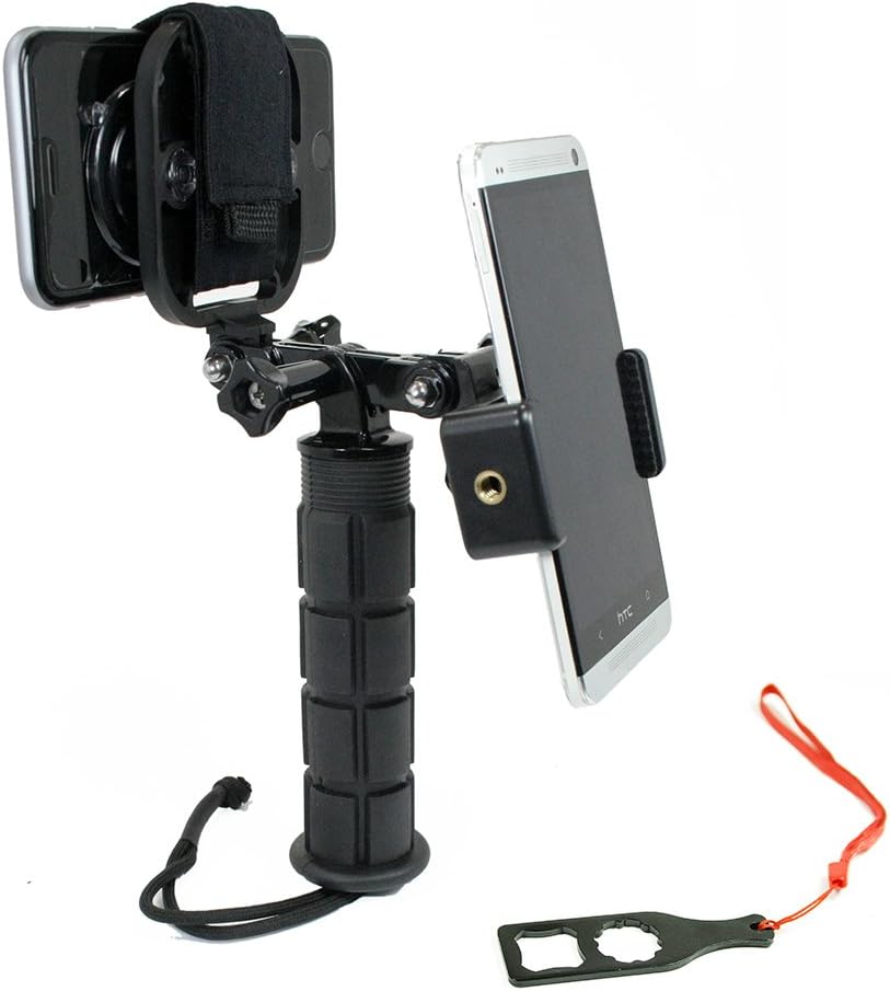 Action Mount - Dual Device Hand Grip Setup for Video Recording with 2 Phones, 2 Sport Cameras, or Point-and-Shoot Camera. Any Device, Multiple Orientations. (2 Device Hand Grip)