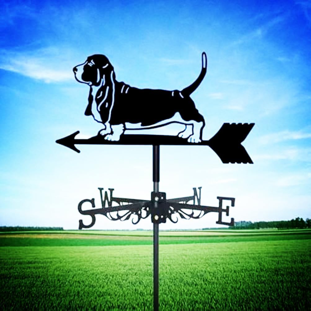 Basset Hound Weathervane Art Silhouette Black Metal Pet Dog Wind Vanes Outdoors Decorations Garden for Roof Yard Building (A)