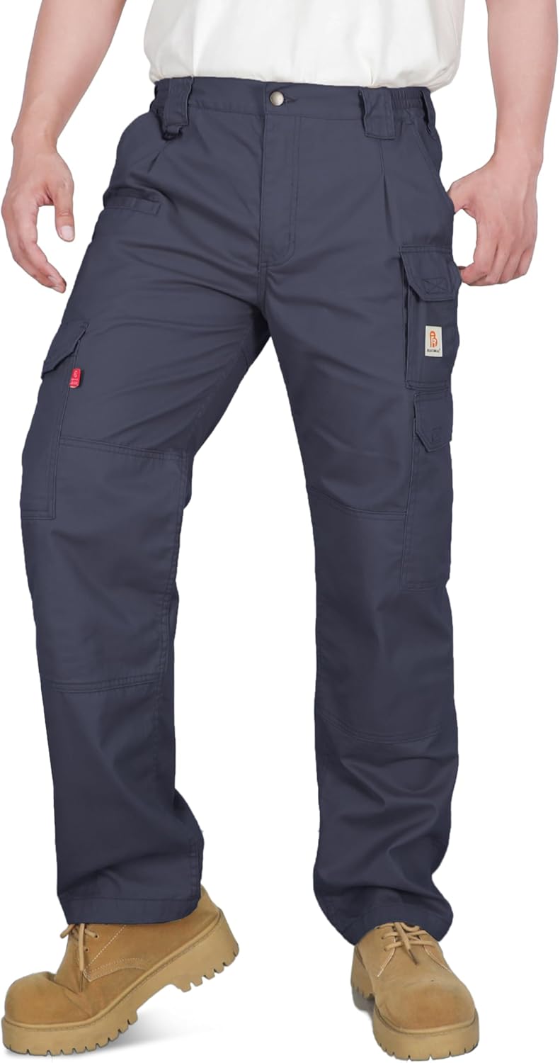 BOCOMAL FR Pants for Men Double Front Flame Resistant Cargo 10 Multi-Pockets Elastic Waist Work Pants
