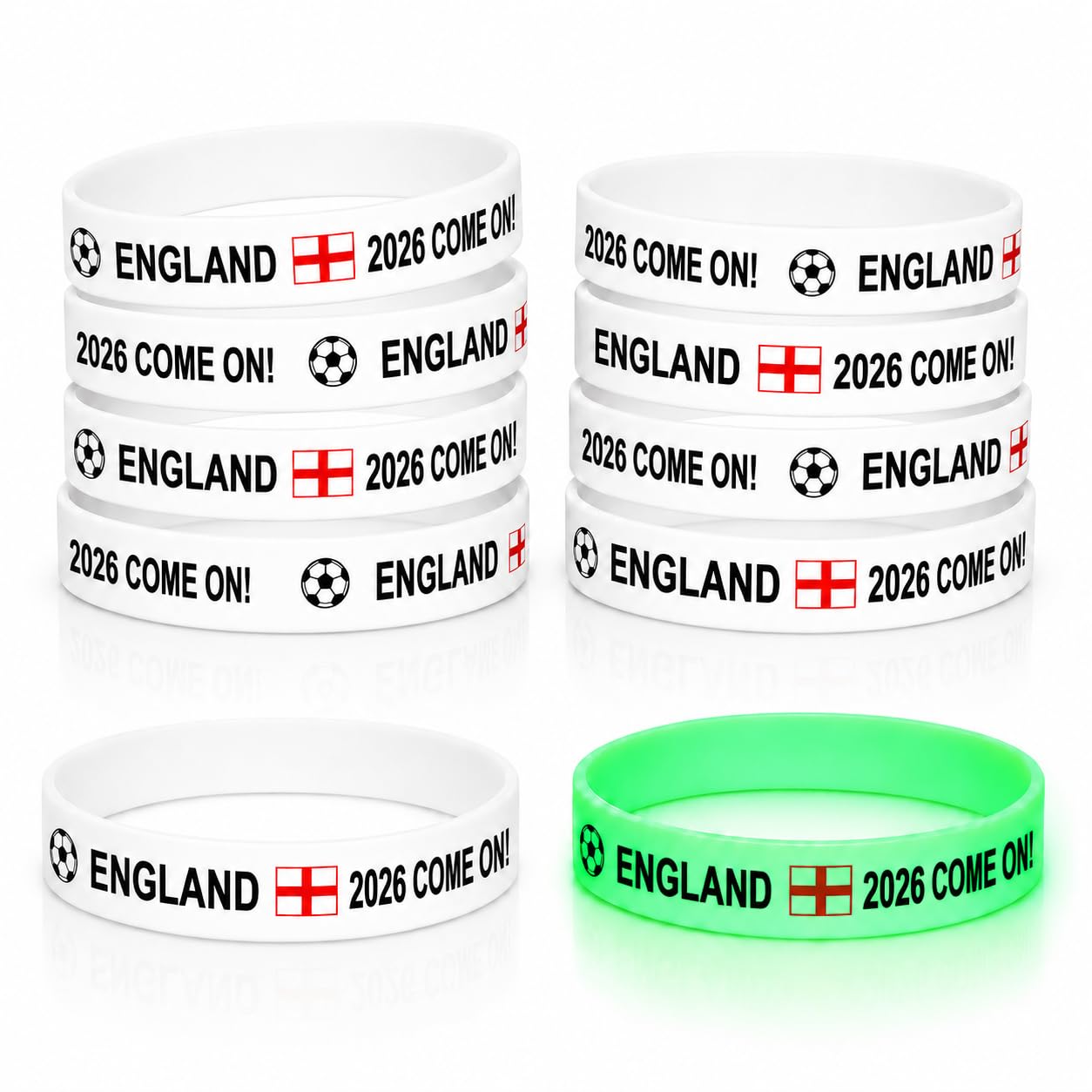 AURALIN Glow In The Dark England Wristbands 10 Pack Premium Silicone Football Fan Merchandise Bracelets With St George's Cross Sports Events And World Cup 2026 Party Favours