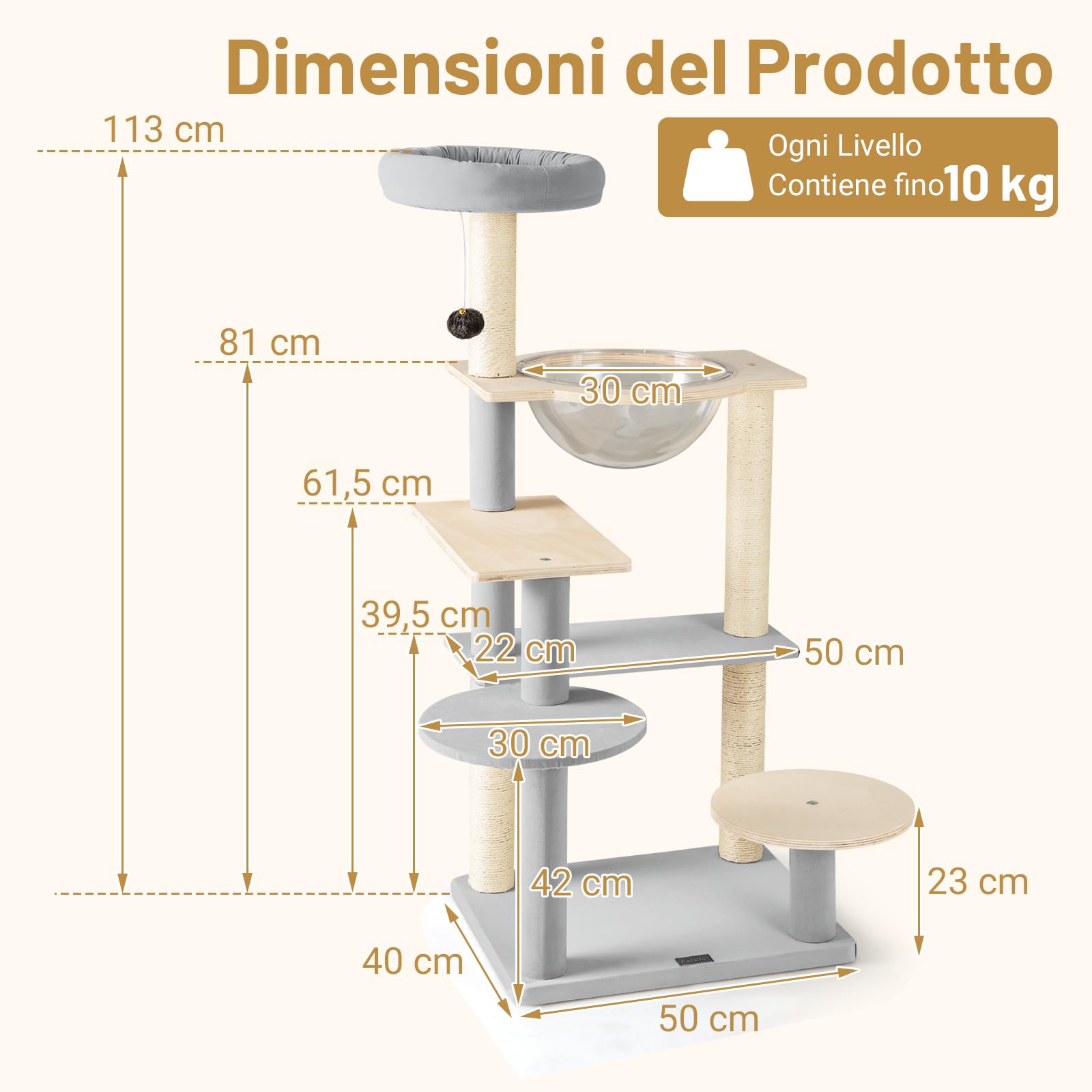 GYMAX Albero per Gatti, 50 x 40 x 113 cm, Piattaforme per Salti, Posatoio Superiore, Capsula Spaziale, Torre con Tiragraffi, Giocattolo Sospeso con Campanella per Gatti Adulti e Gattini