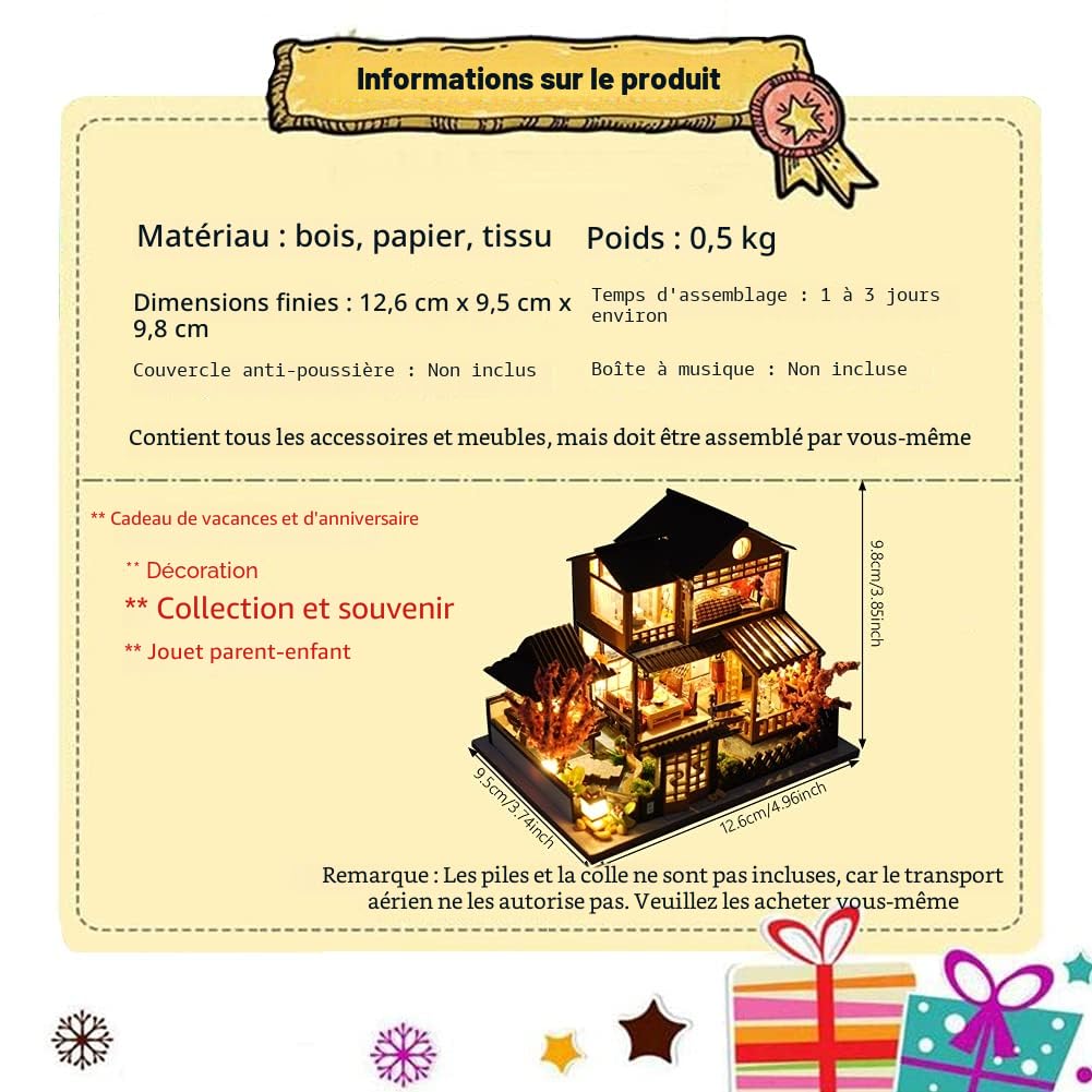 WDC Maison de poupée miniature en bois japonaise bord de mer, modèle 3D à faire soi-même, cadeau créatif pour amis et parents (villa de style japonais), 9,8 x 12,6 x 9,5 cm