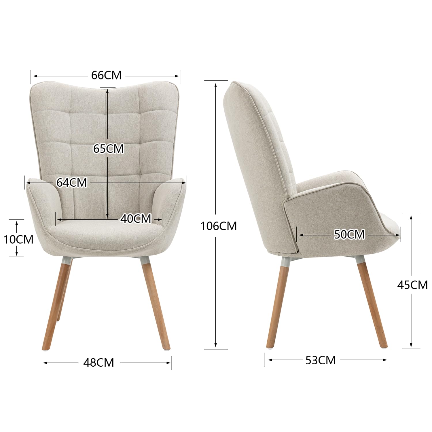 MEUBLE COSY Set di 2 Poltrona Imbottita Scandinavia Sedia da Salotto con Braccioli Poltroncina Relax in Tessuto con Schienale Alto Gambe in Legno per Camera da Letto Soggiorno, Beige, 66x64x106cm