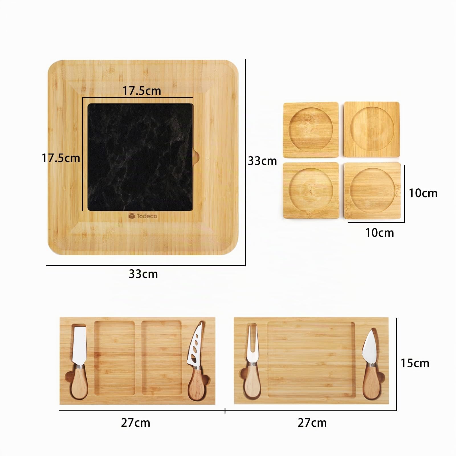 Todeco Planche à Fromage en Bambou avec Couteaux, Plateau à Fromage | Avec 4 couteaux à fromage, 4 dessous de verre, plateau en ardoise amovible, tiroirs coulissants, pour fromages et apéritifs