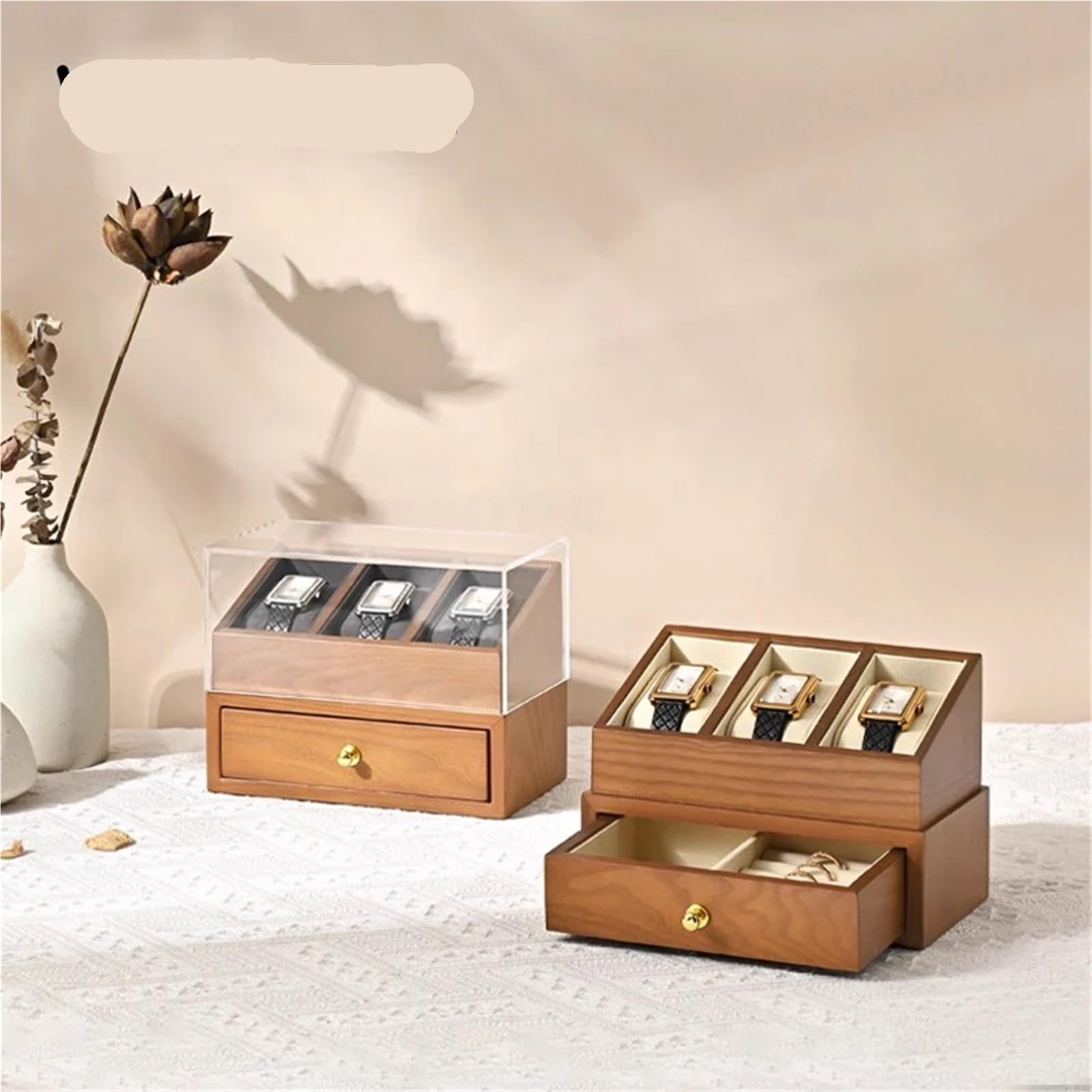 Caja De Relojes De Madera Maciza Caja de reloj madera 3 rejillas, organizador joyas doble capa, almacenamiento muñeca, cubierta a prueba polvo, relojes