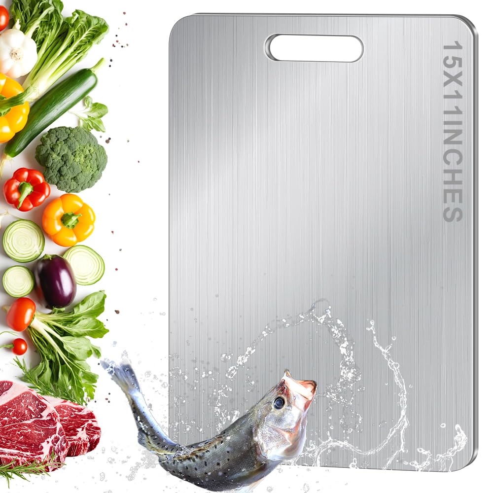 BLOCE Titanium Cutting Board, Stainless Non Stick Chopping Titanium Cutting Boards for Kitchen, Upgrade Double Sided Food-Grade Board for Meat Cheese Vegetable Fruit (15 * 11 Inch)