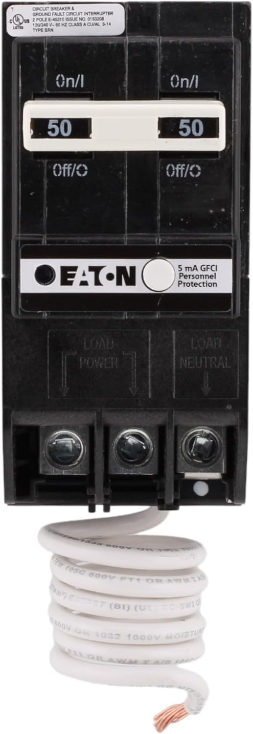 CUTLER-HAMMER BRN250GF 50 Amp Double Pole Circuit Breaker - GFCI Protection, 120/240V, Pigtail Neutral, UL Listed (1)