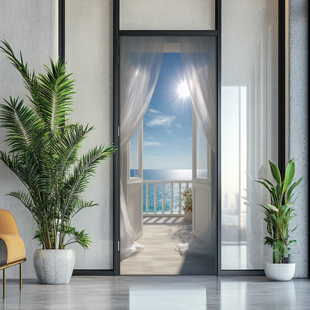 arricraft 2 adesivo porta, 31,5 "x78,7" vista sull'oceano del balcone cielo blu e nuvole bianche porta a parete adesivi PVC carta da parati rimovibile per le camere da letto Soggiorno