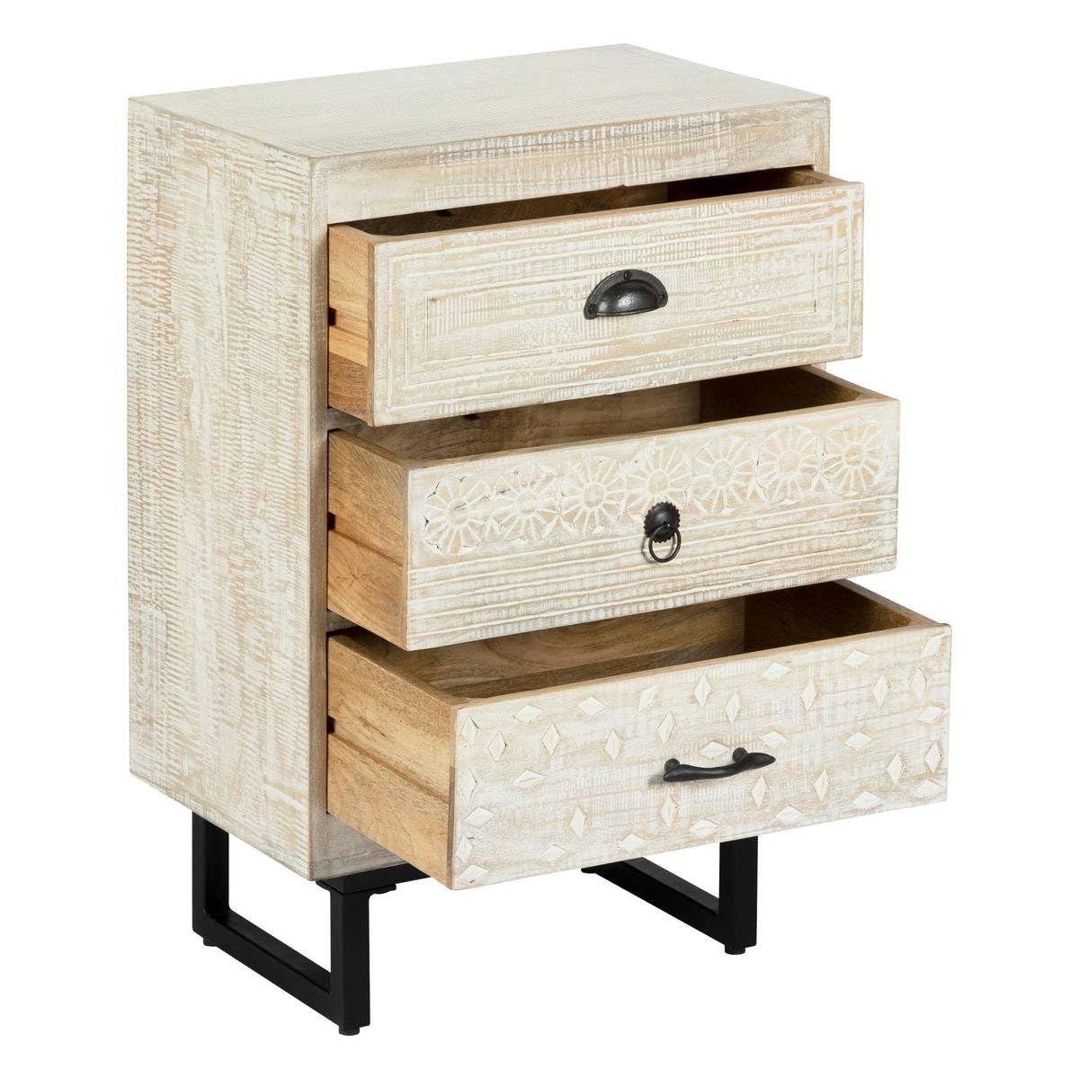 Table d'appoint Table de Chevet 3 Tiroirs en Métal et Bois de Manguier sculpté - Atmosphera