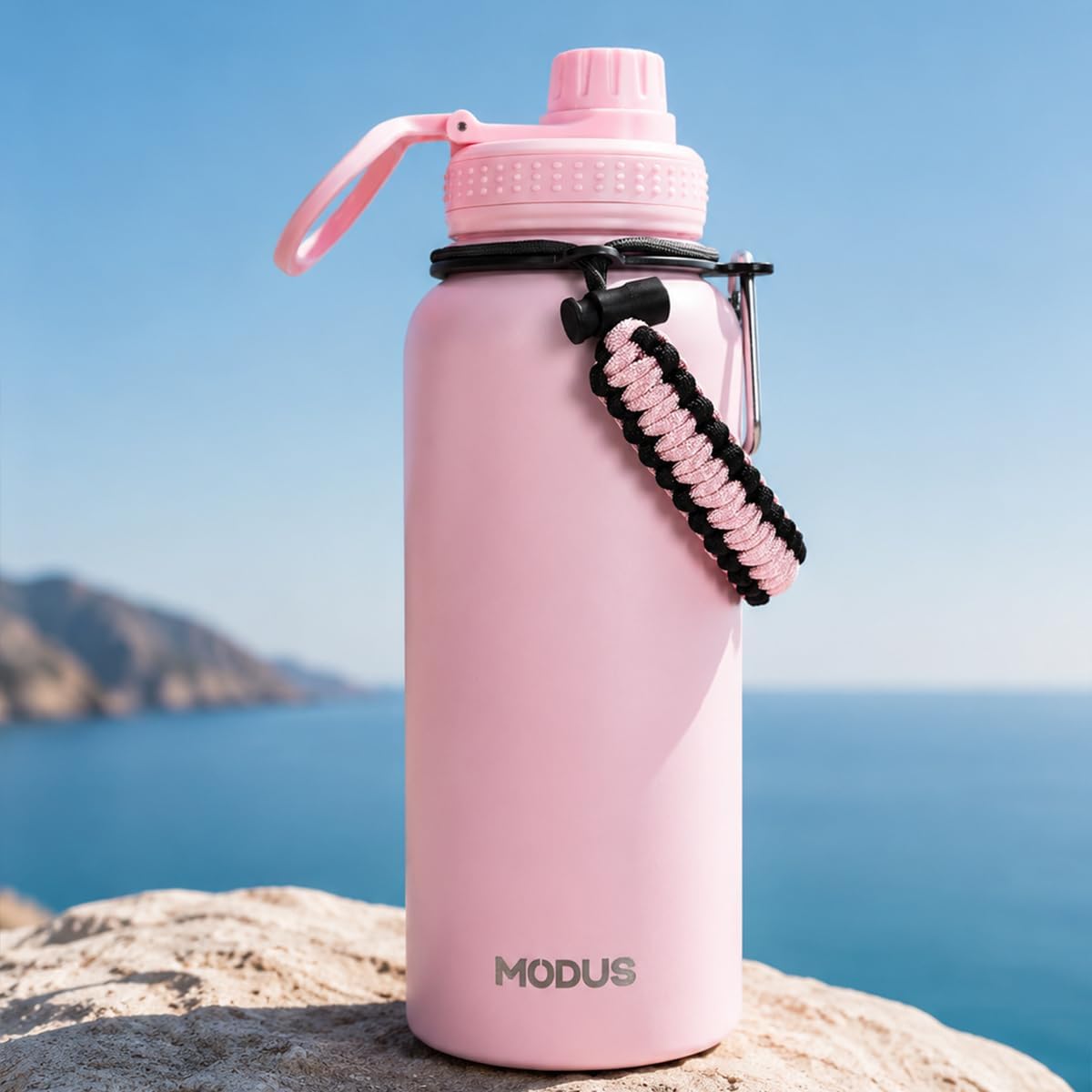 Garrafa Térmica 950ml de Inox, Parede Dupla, Isolamento a Vácuo, Bico Antivazamento, Com Alça de Paracord, Mantém Quente e Gelado (Rosa)