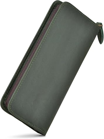 Fountain Pen Case 3 Divided Slots Crazy Horse Leather Pen Holder, Handmade Display Zippered Pouch for Rollerball Pen-Army Green