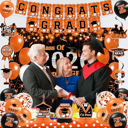 Image of DARUNAXY Orange Graduation Party Decorations, Black Orange Class of 2026 Graduation Banner, 2026 Congrats Grad Honeycomb Hanging Swirl Confetti Balloon Congratulations Graduates Party Supplies(25PC)