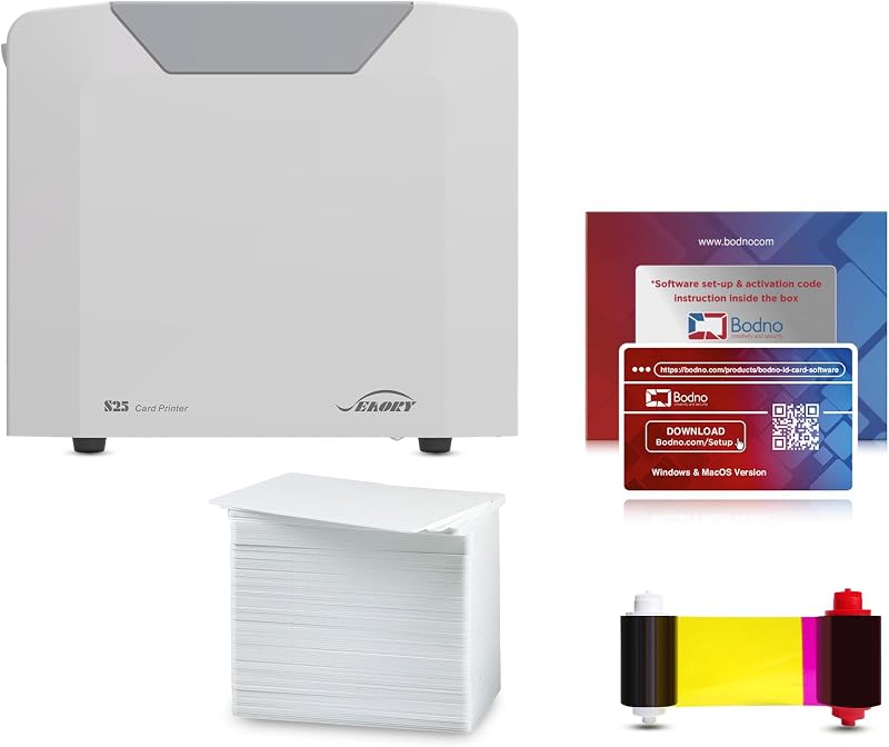 Impresora de tarjetas de identificación de una cara Bodno Seaory S25 y software de identificación de paquete completo de suministros - Edición Bronce