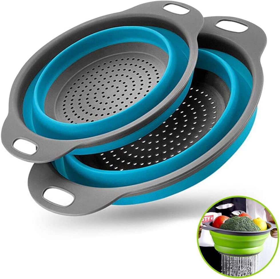 Collapsible Colander Collapsible Strainer Set of 2 PC 4 Quart Large Size Food Colander for Draining Pasta Spaghetti Fruits and Vegetables Kitchen Tool Folding Strainer (Blue)