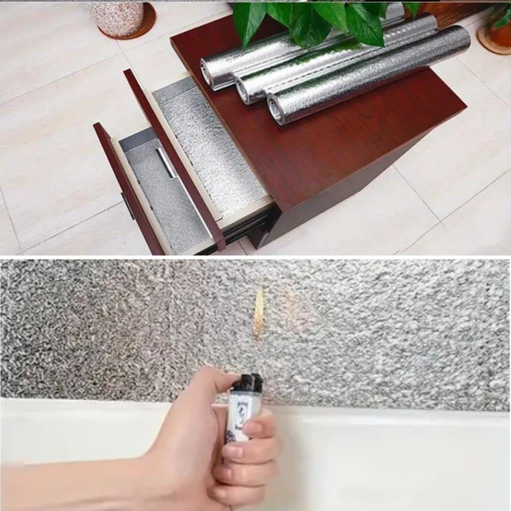 OLLEVRA Rulo Gümüş Alüminyum Folyo Duvar Kağıdı, 2 mt x 60 cm Kendinden Yapışkanlı Raf İçi, Su Geçirmez Folyo