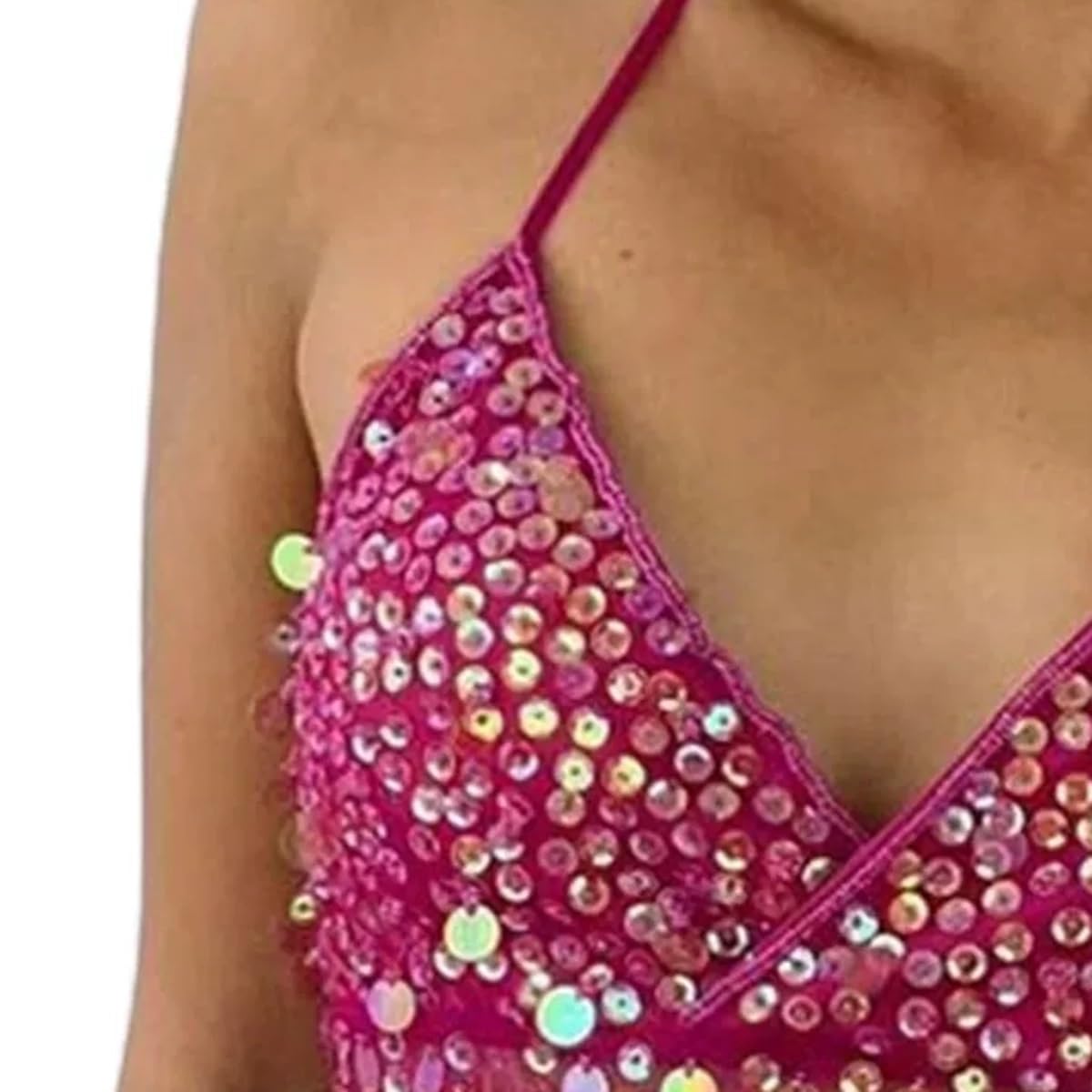 Mujeres Lentejuelas Cuello Halter Correa Espagueti Sin Espalda Atar Sin Mangas Brillante Crop Cami Top for Fiesta Club Uso Diario