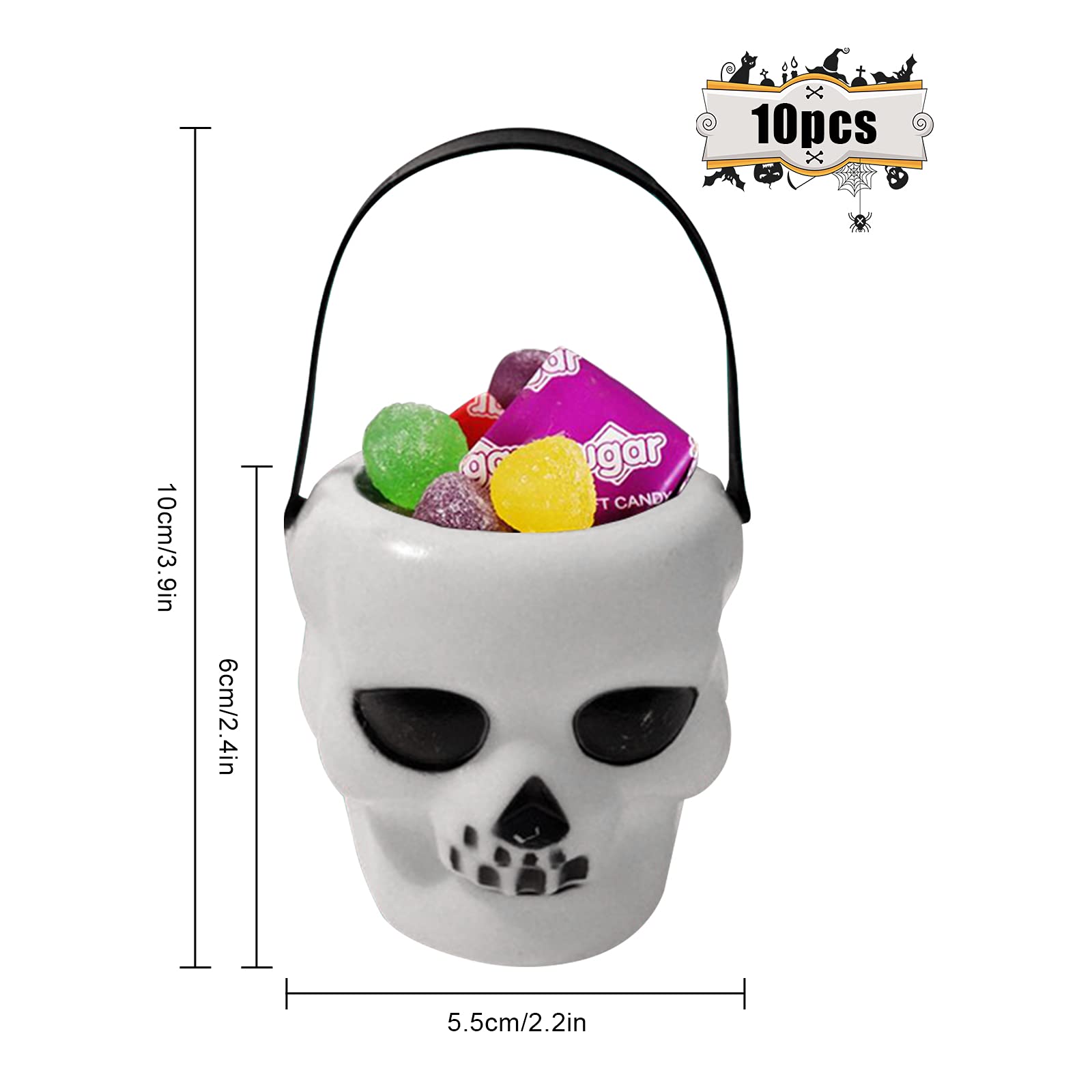 Seau à Bonbons Halloween, 6 Bocaux Halloween Trick or Treat, Mini Seau Tête de Mort avec Poignée