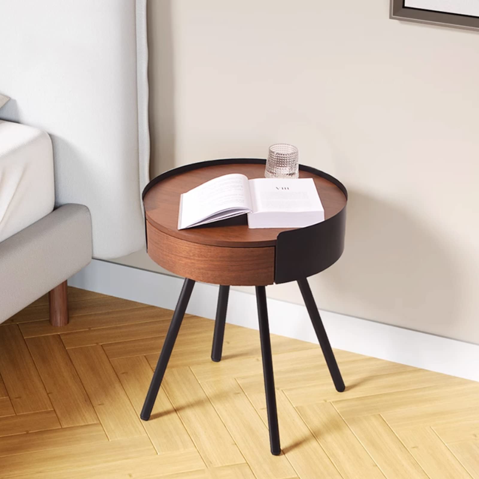 Tisch Bücherregal Nachttisch, runder Nachttisch, ideal for jeden Raum, Beistelltische, Wohnzimmer, Beistelltische, Schlafzimmer, Beistelltisch mit 1 Schublade und 4 schwarzen Beinen Industrieller Beis