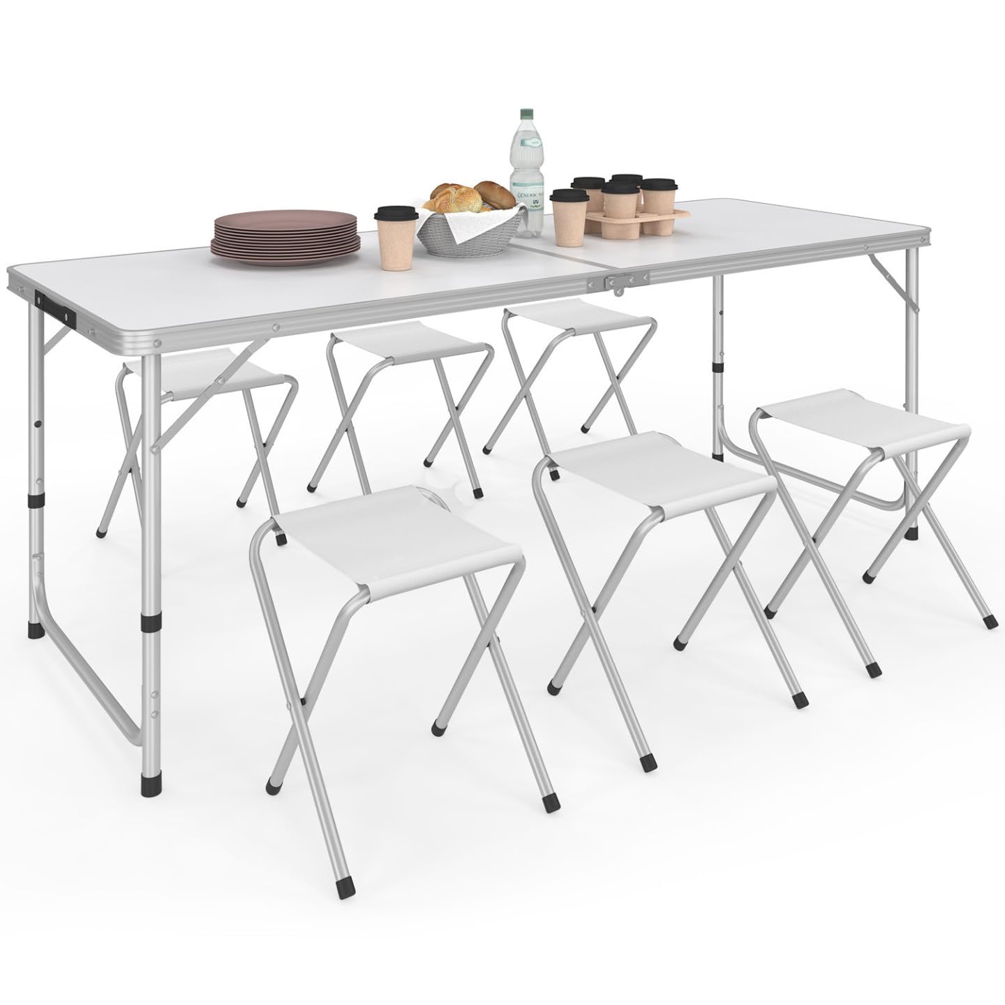 IDMarket - Table de Camping Pliante d'appoint 160 cm réglable en Hauteur 6 tabourets Blancs