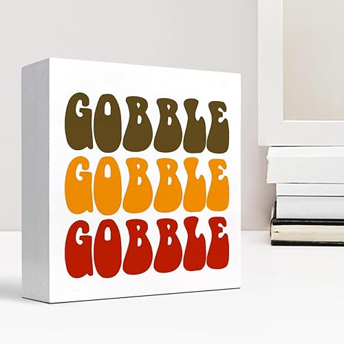 Miniatura 6 de Decoración de escritorio de otoño, Groovy Gobble Gobble Fall Thanksgiving Wood Block Sign Decoración de escritorio, caja de madera rústica de
