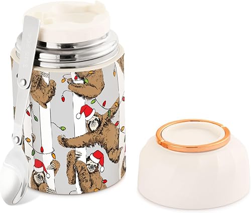 Christmas Funny Brown Sloth Food Jar with Spoon Stainless Steel Vacuum Insulated Food Container 17 oz Thermos for Lunch