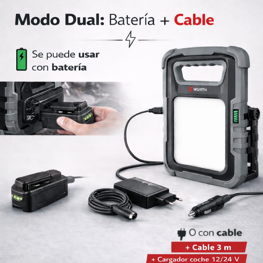 WÜRTH Luz de Trabajo LED Profesional 25W Ergopower Dual, Foco Portátil Recargable 2500 lm, Batería + Cable 3 m, Cargador para Coche 12/24V, USB Powerbank, Ideal para Taller y Obra (25, Vatios)