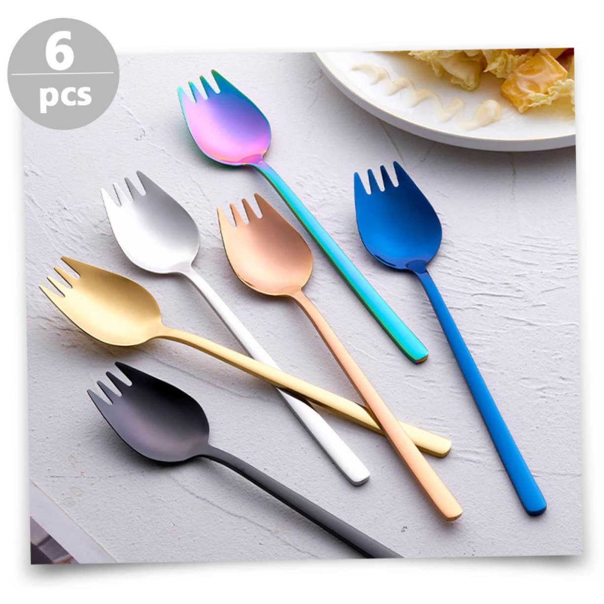 Happyyami Fruit Spoons Dessert Forks 6 Piece Stainless Steel Sporks Set Reusable Utensils Easy to Carry