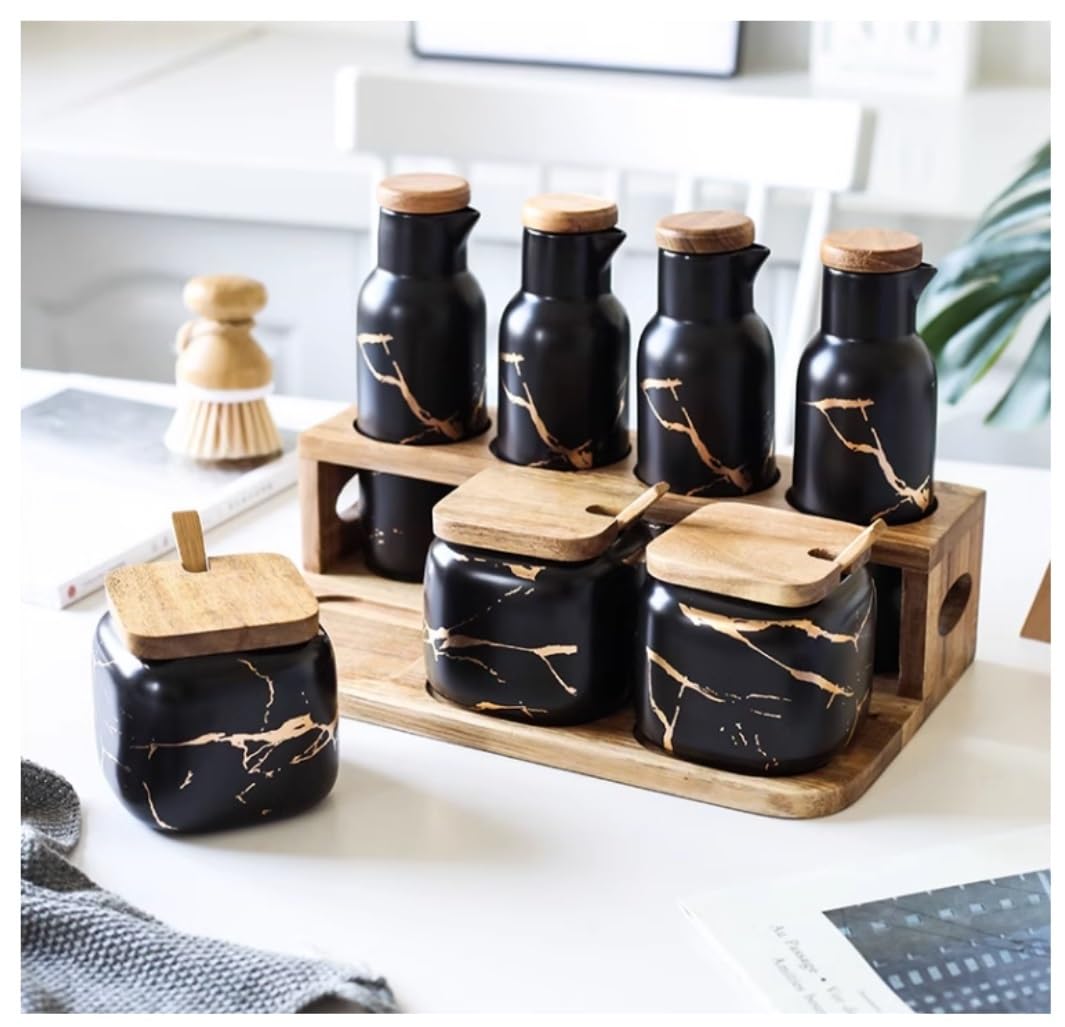 BCJMKDX Fermenter. Condiment Container Set Seasoning Pot Spice Pot Ceramic Seasoning Box Set With Spoon Cover For Home Kitchen(Black)